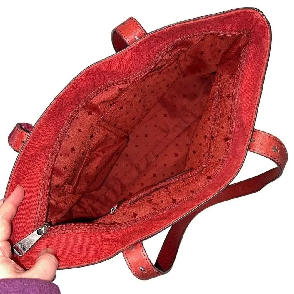 Fossil Hunter Leather Tote Bag Pink Red Zip Closure Key Charm Silver Hardware